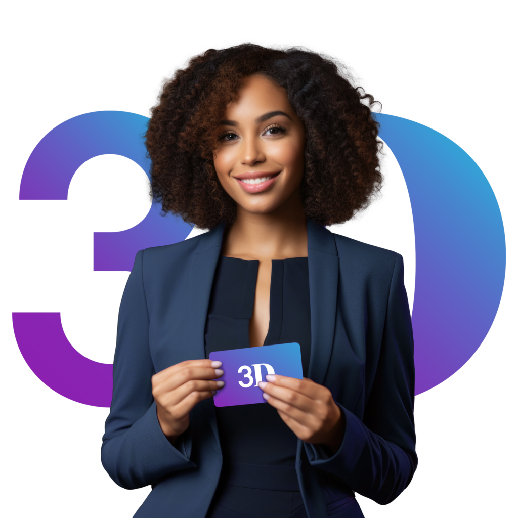 Black woman wearing professional clothings, being happy holding a gift card from thinkmy3D