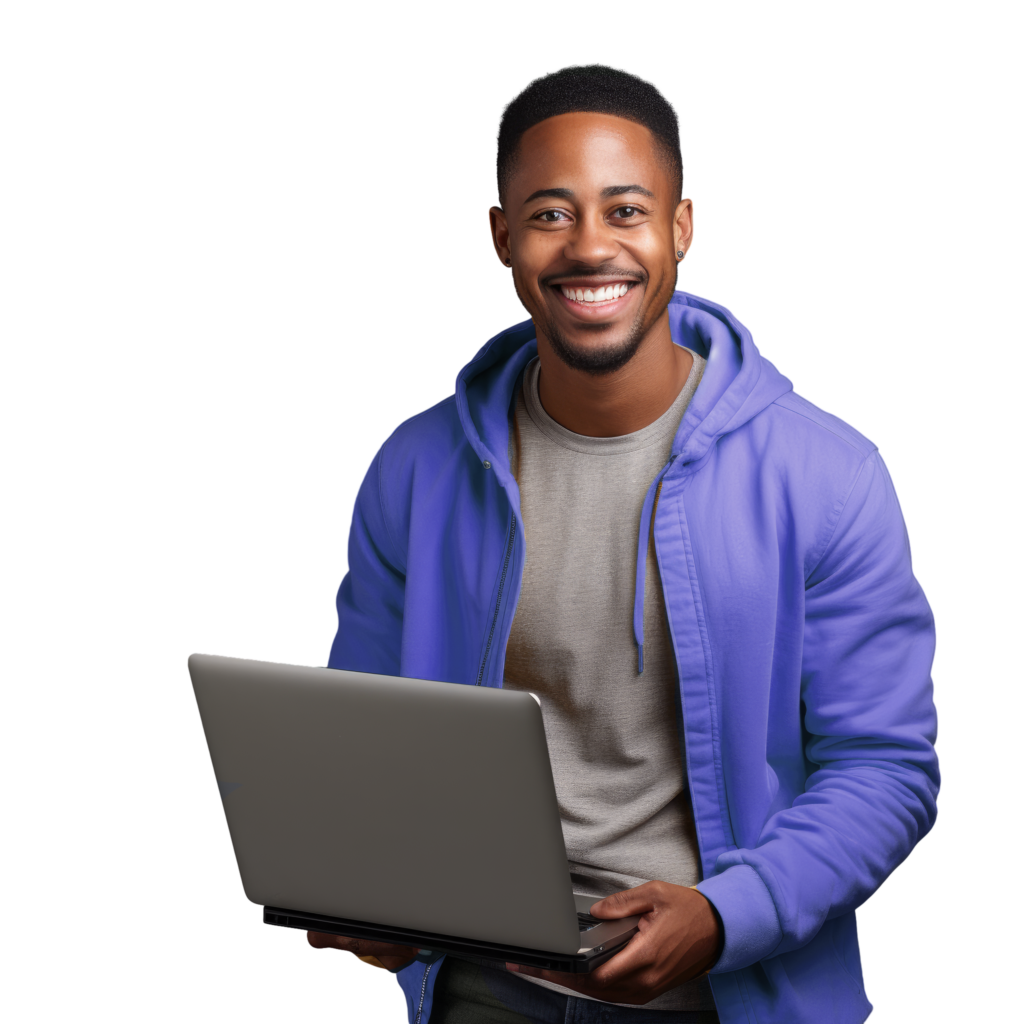 Black person holding a laptop smiling in a purple jacket.